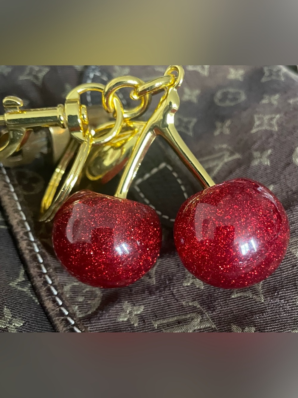 Gold Cherry Drop Keychain Charm in Red Glitter - Women Jewelry